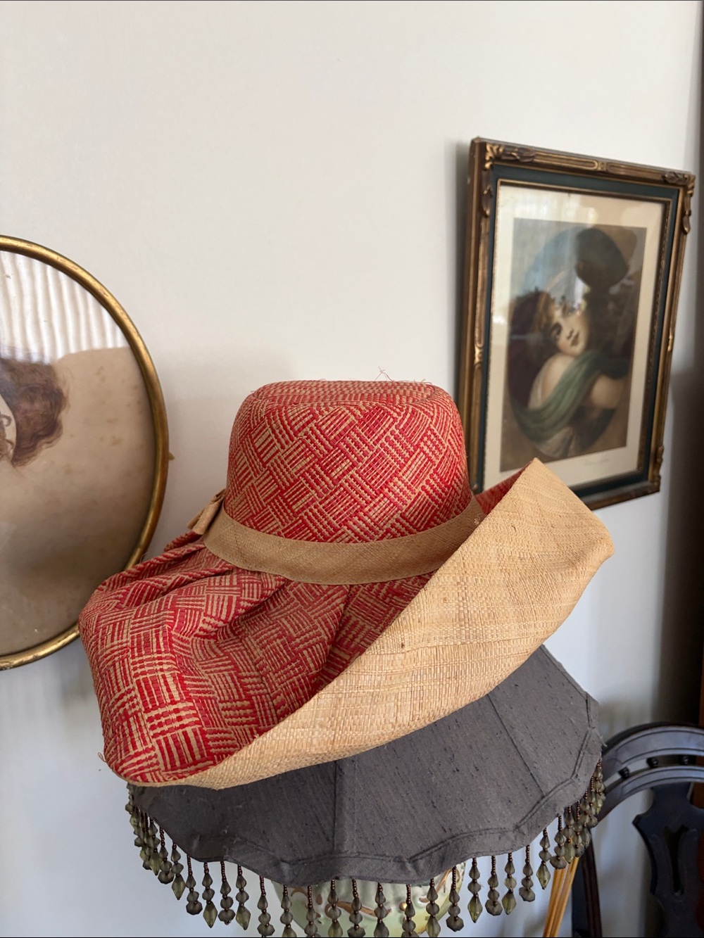 Red and Natural Straw Wide-Brim Sun Hat